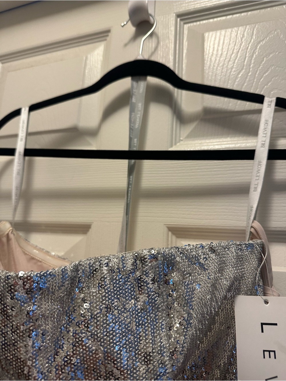 Bill Levkoff Silver Sequin Bodice Strapless Chiffon Dress - Picture 5 of 10